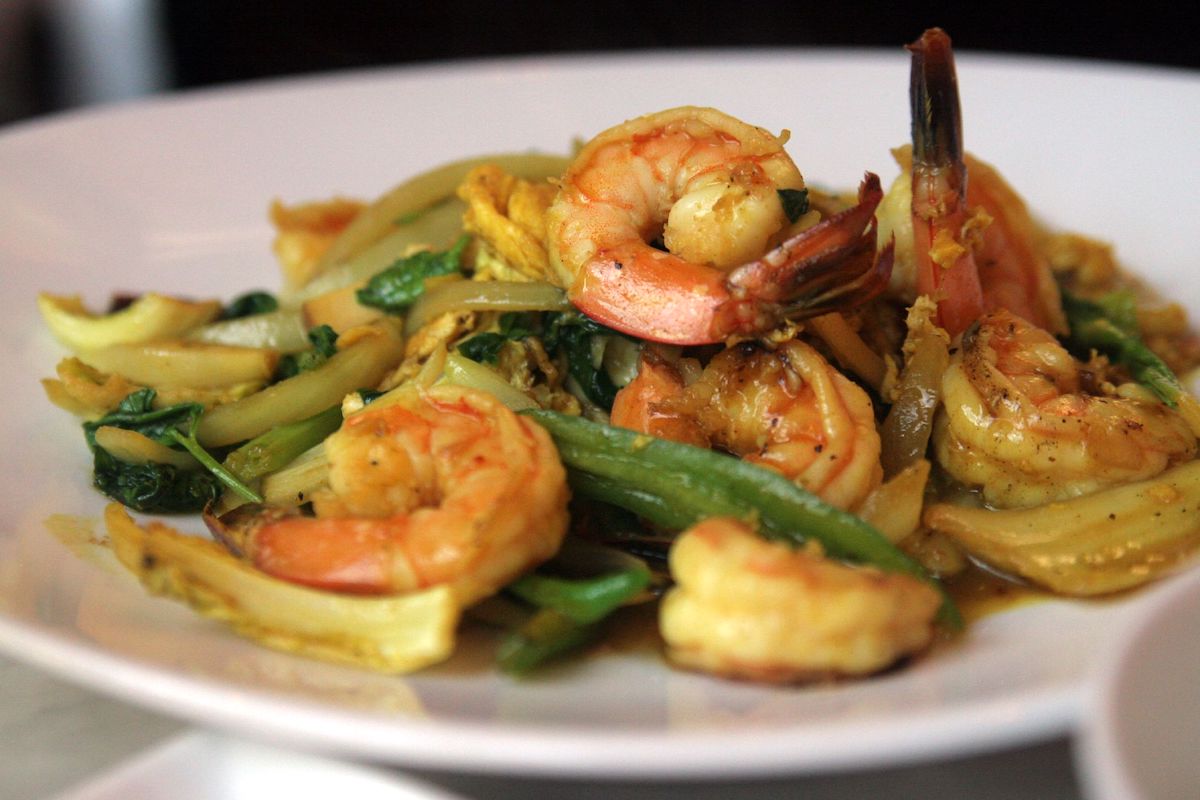 Asian shrimp dish with green vegetables
