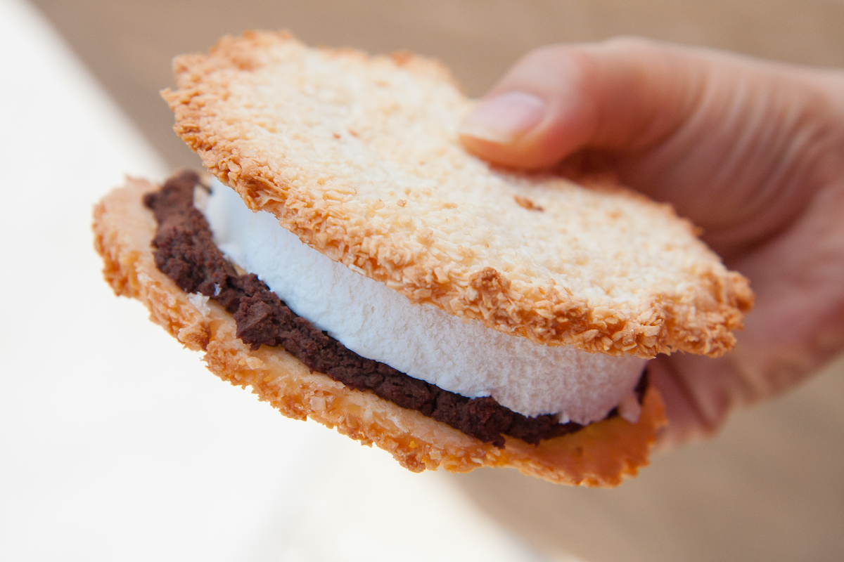 Person's hand holding a cookie-based ice cream sandwich