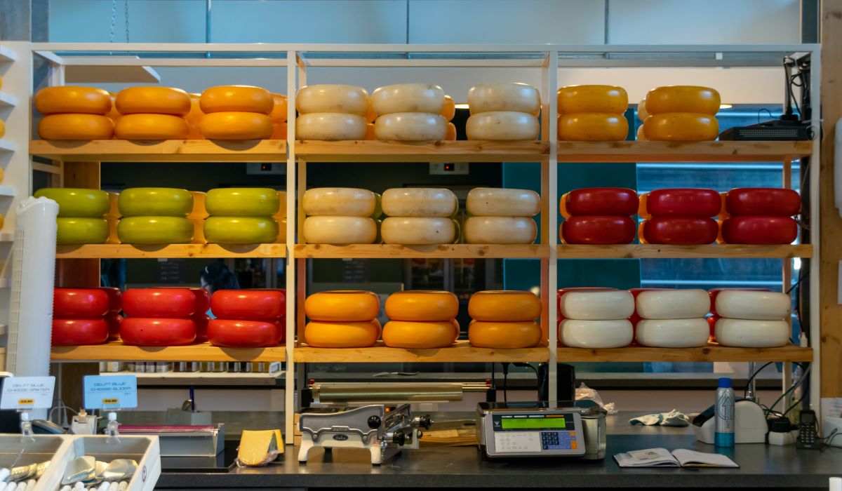 Gouda cheese diplayed on a shelf