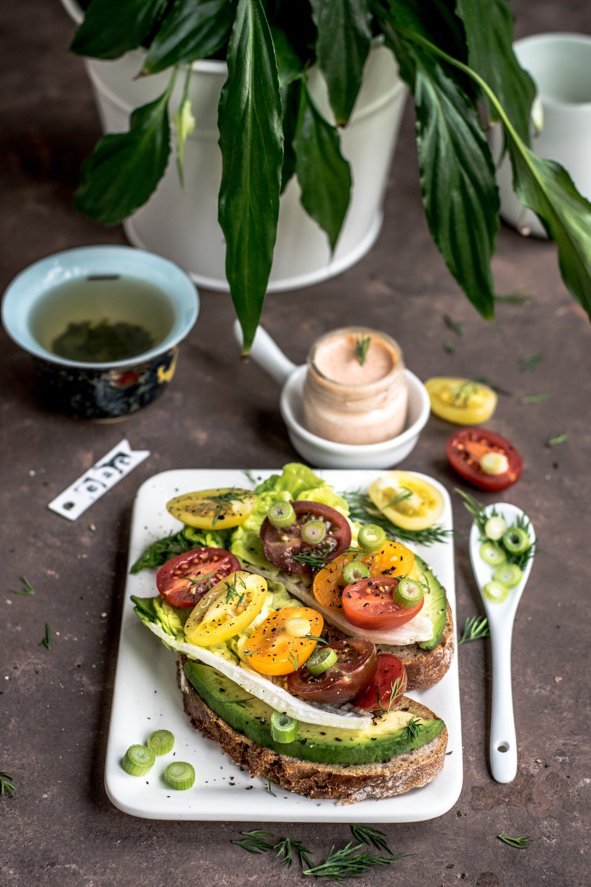 Two slices of vegan avocado toast topped with lettuce, cherry tomatoes, green onions, and herbs, with leafy green plants in the background.