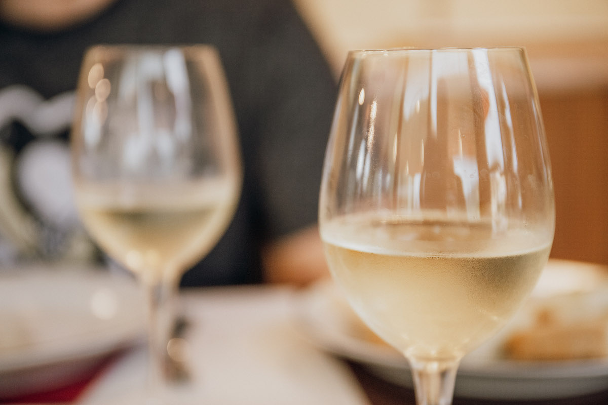 Close up of two glasses of chilled white wine