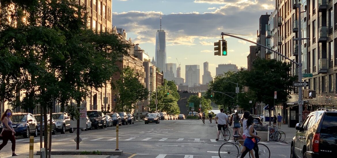 View towards Manhattan from an urban street in Williamsburg, Brooklyn
