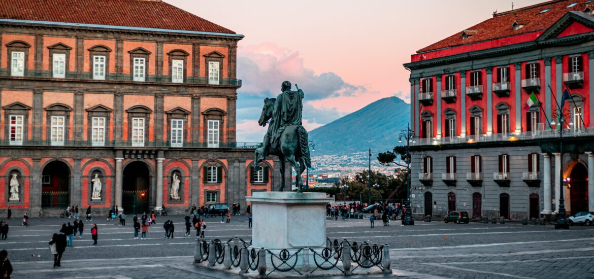 Piazza Dante with statue at dawn in early morning Naples